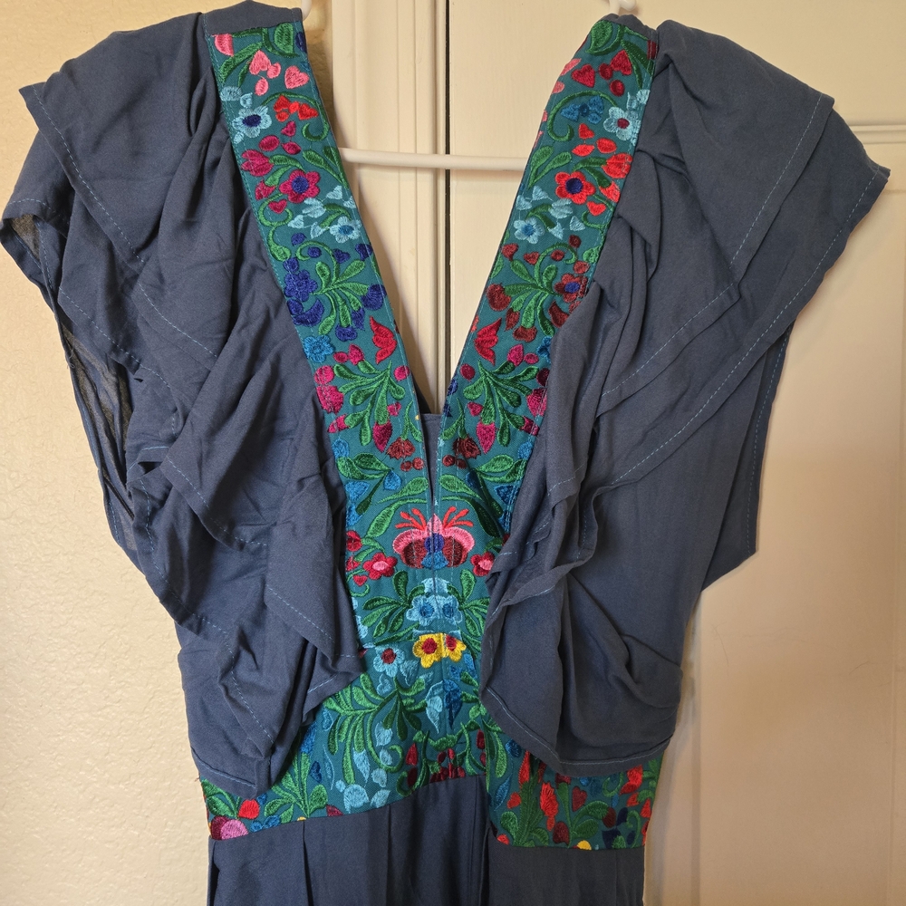 Embroidered Blue Dress with Floral Accents